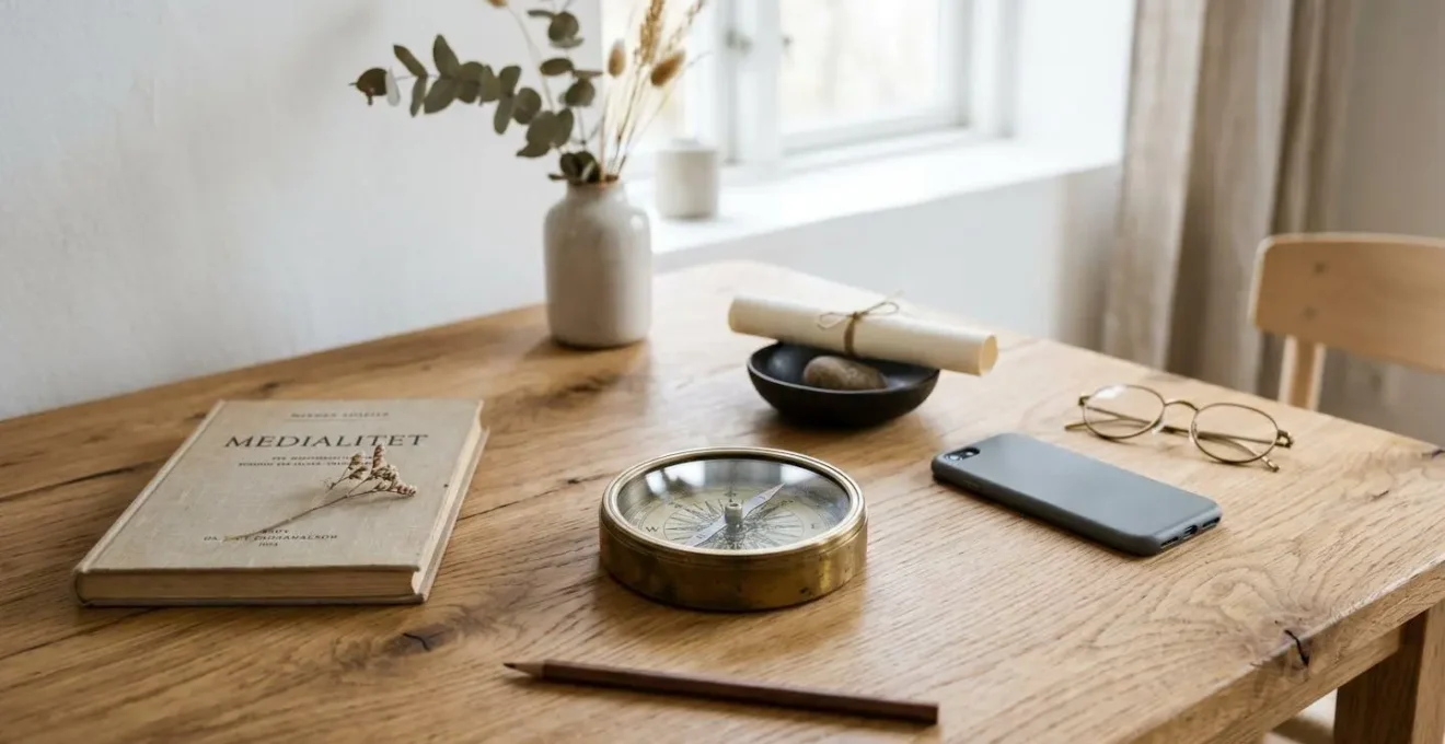 Une boussole en laiton posée sur une table en bois clair, entourée de chemins formés de dés blancs, symbolisant la clarté dans le choix d