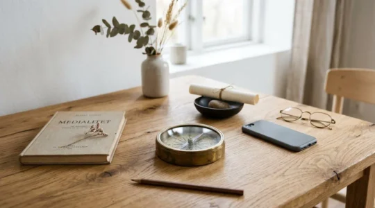 Une boussole en laiton posée sur une table en bois clair, entourée de chemins formés de dés blancs, symbolisant la clarté dans le choix d