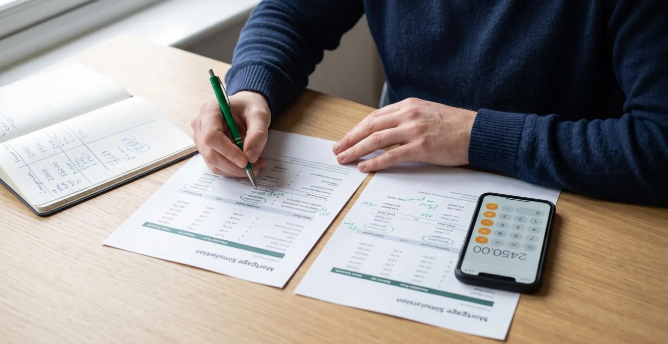 Gros plan sur des mains annotant deux simulations de crédit immobilier imprimées posées côte à côte sur un bureau en bois, avec un smartphone à proximité.