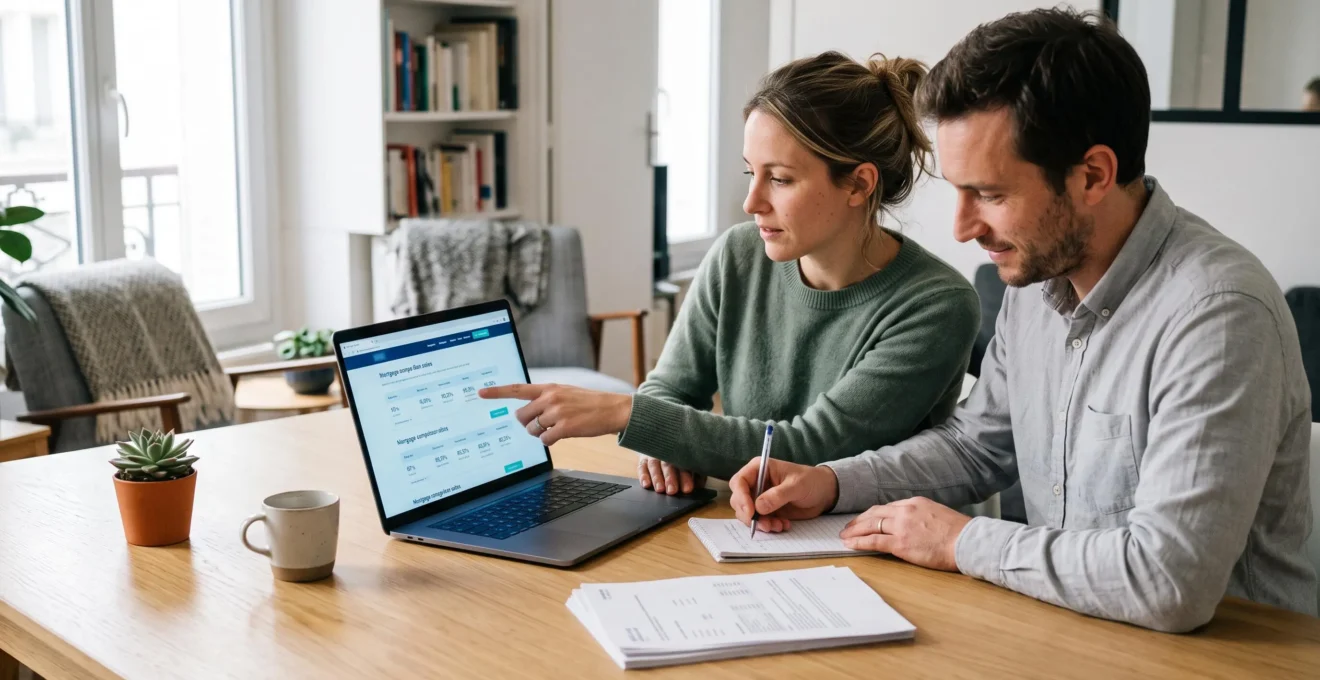 Un couple compare des offres de crédit immobilier sur un ordinateur portable posé sur la table du salon, avec des documents et des notes à côté.