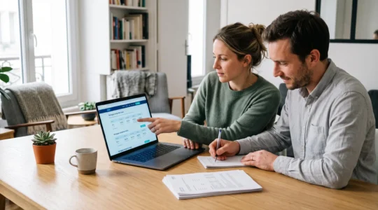 Un couple compare des offres de crédit immobilier sur un ordinateur portable posé sur la table du salon, avec des documents et des notes à côté.