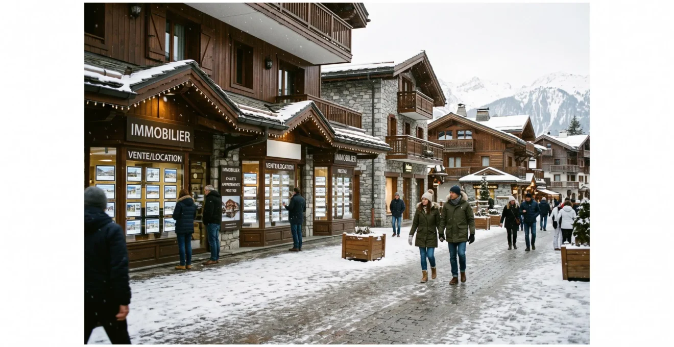 Rue de station alpine avec vitrines immobilières à Courchevel