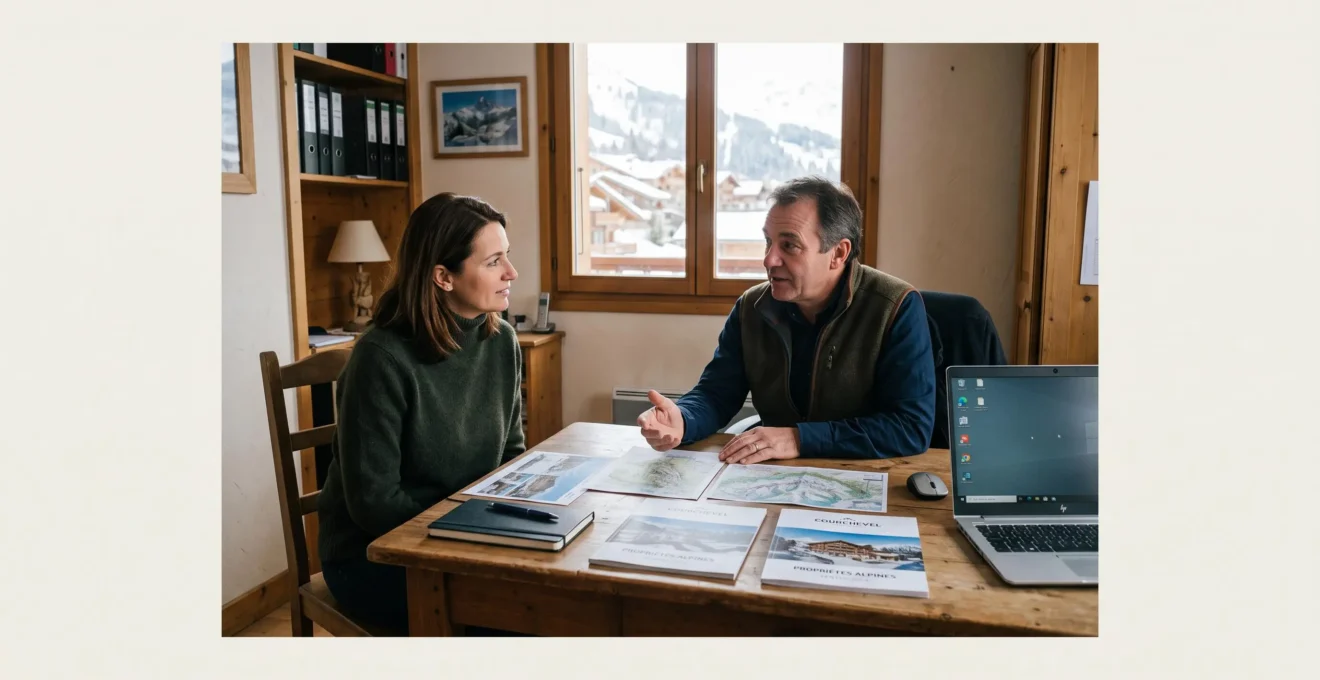 Acheteur consultant des informations d’agence immobilière dans un environnement alpin