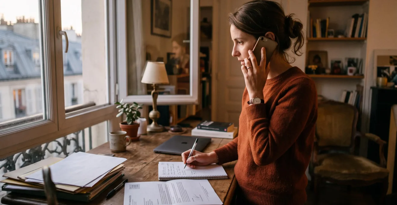 Un acheteur téléphone en prenant des notes à son bureau en fin de journée.