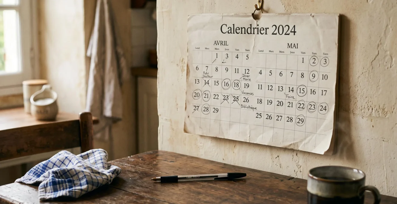 Un calendrier mural avec des dates entourées au crayon posé sur une table.