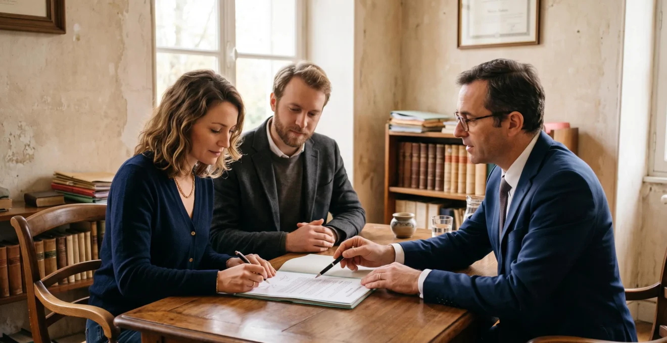 Un couple signe un compromis de vente chez le notaire en présence du professionnel.