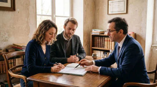 Un couple signe un compromis de vente chez le notaire en présence du professionnel.